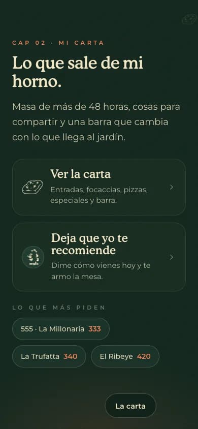 Landing de Mylo: carta y recomendador «Deja que yo te recomiende»