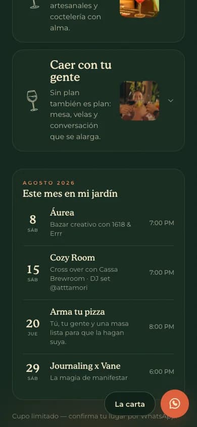 Landing de Mylo: agenda de eventos del mes con cupo limitado
