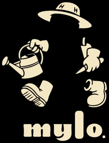 Ilustración de Mylo, el personaje de marca: sombrero, regadera y botas alrededor del logotipo