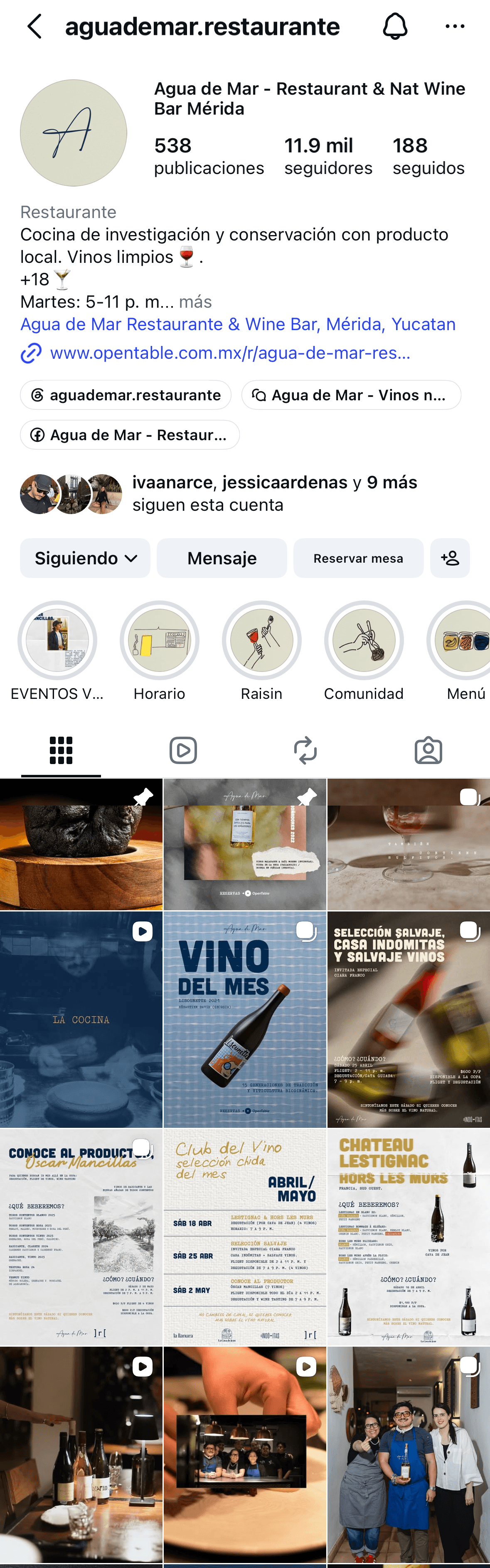 Feed actual de @aguademar.restaurante: perfil y rejilla de publicaciones