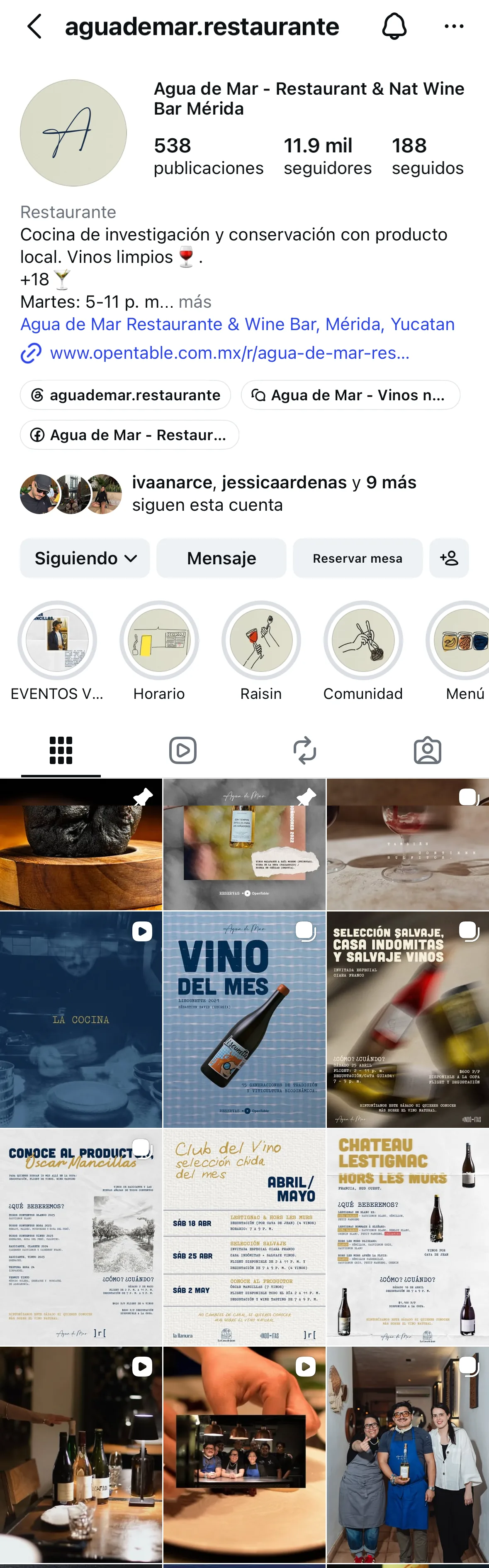 Feed actual de @aguademar.restaurante: perfil y rejilla de publicaciones